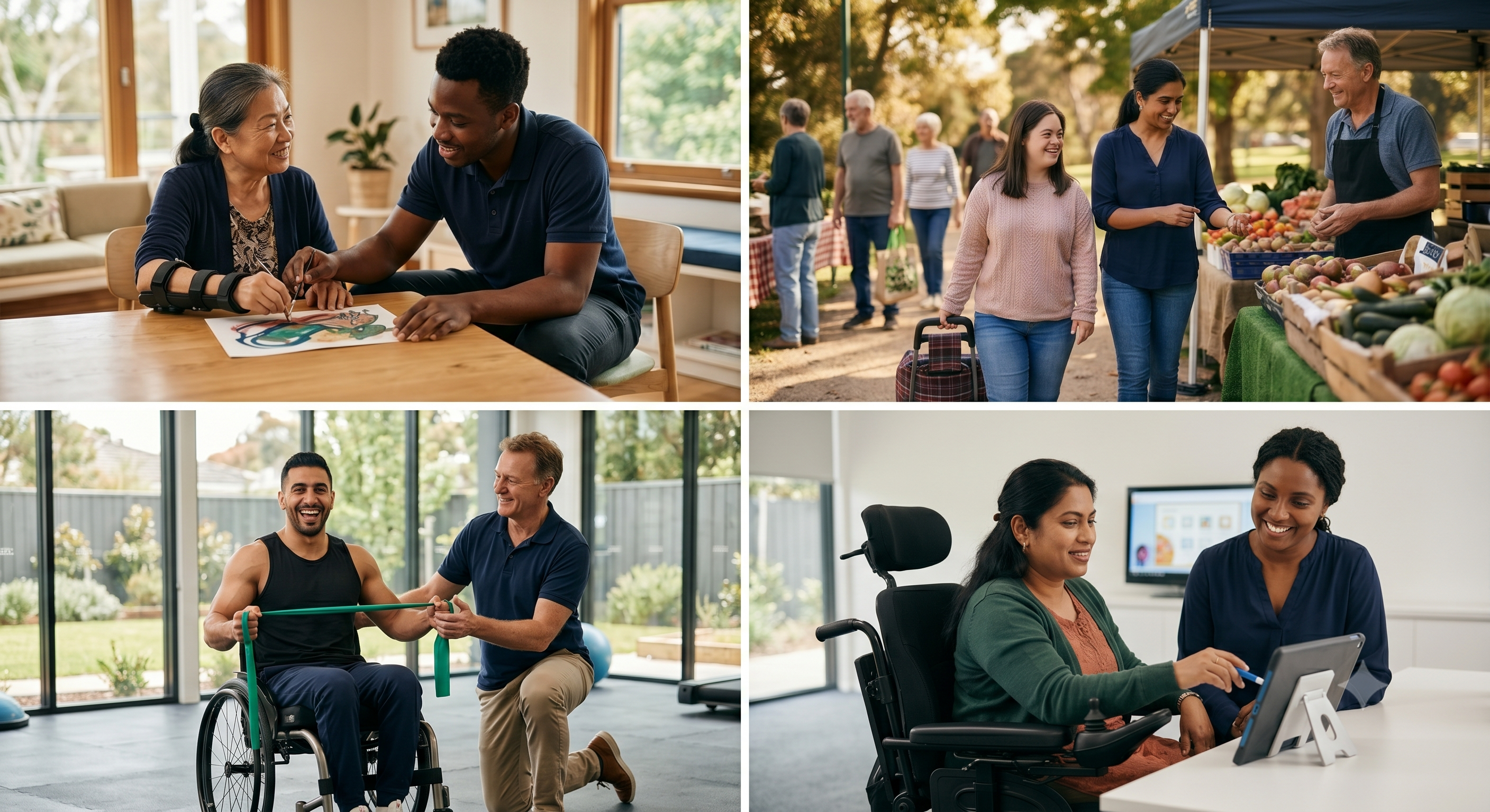 Farrah support workers in action — life skills, community access, exercise support, and support coordination